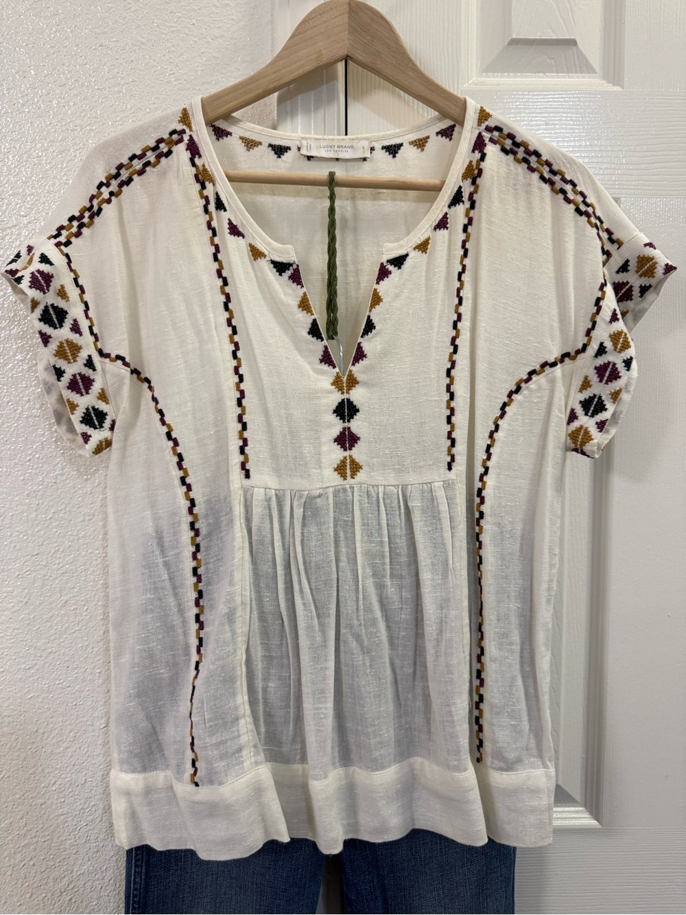 Lucky Brand White Cotton Tunic with Multicolor Embroidery